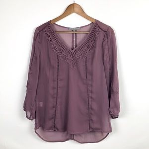 DANIEL RAINN Boho Blouse Semi Sheer Purple Plum Medium Built in Tank